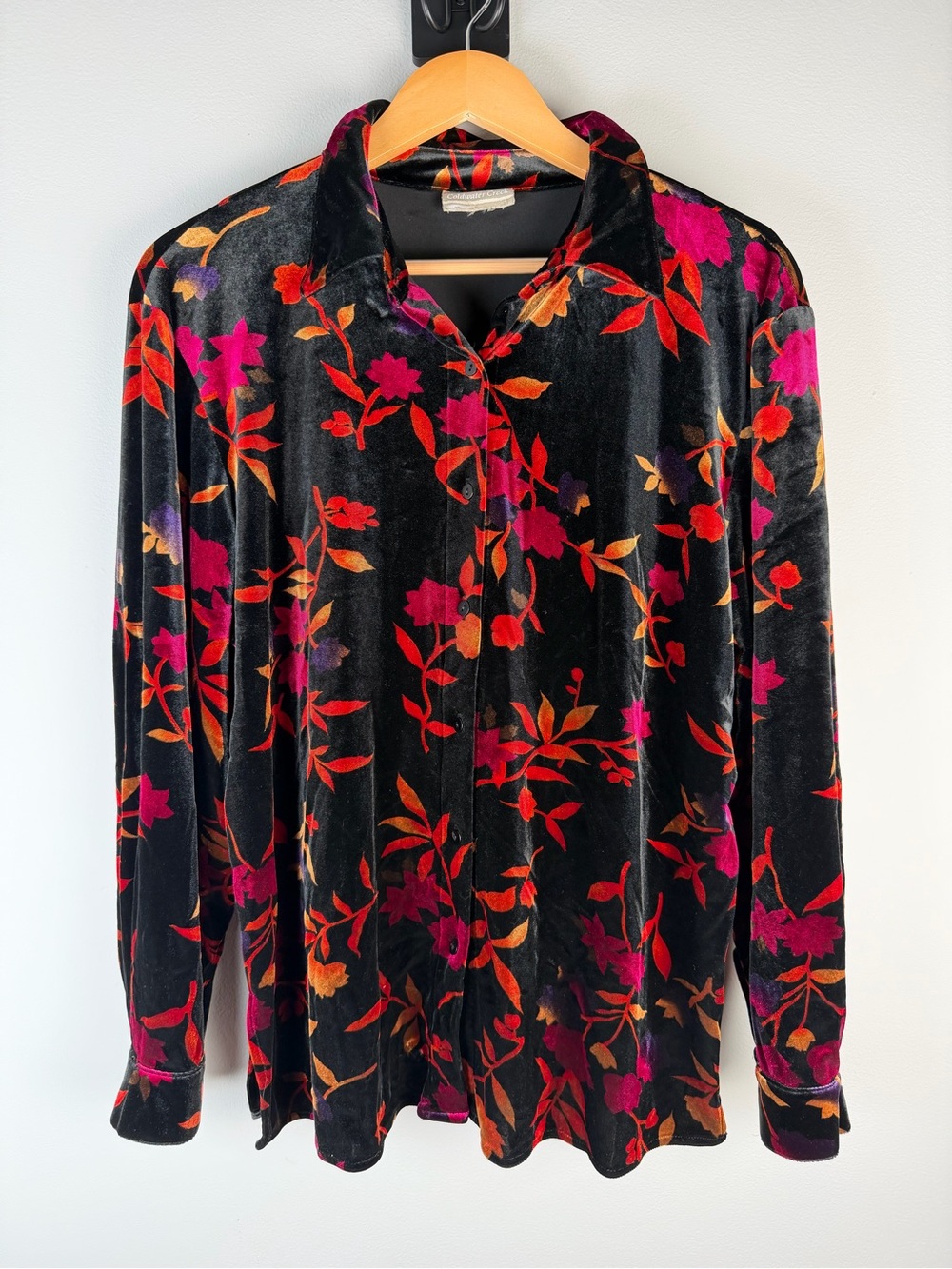 Coldwater Creek Black Velvet Bold Floral Button-Down 90s Whimsigoth